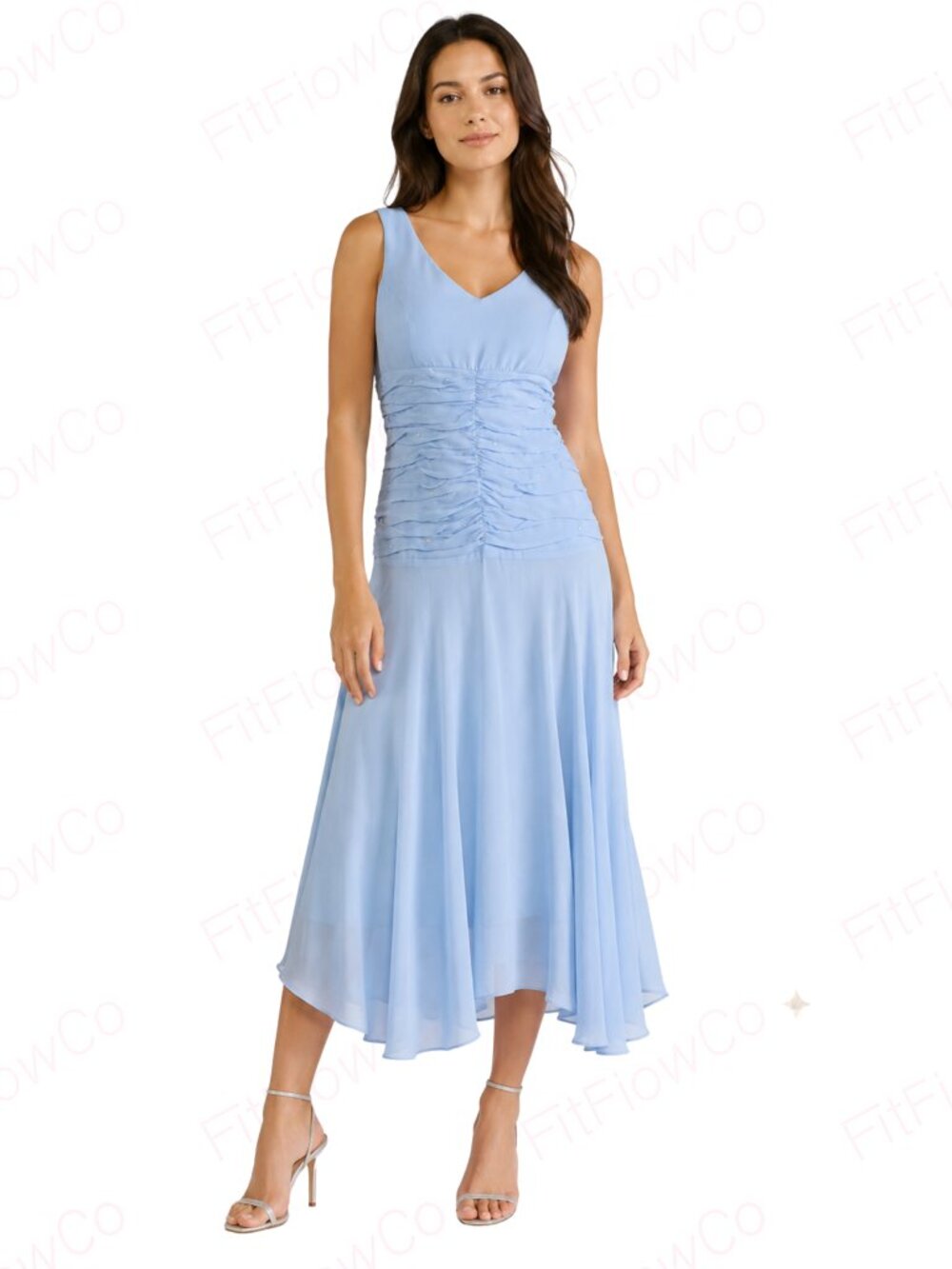 Narianna Juniors XL Light Blue Ruched Beaded Chiffon Formal Prom Dress